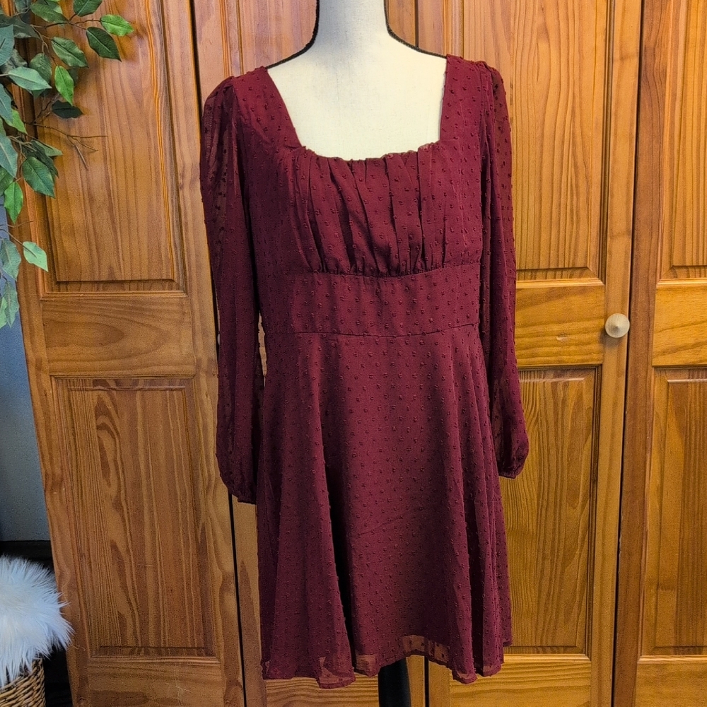 Lyaner Long Sleeve Burgundy Textured Mini Dress XL              CC122
